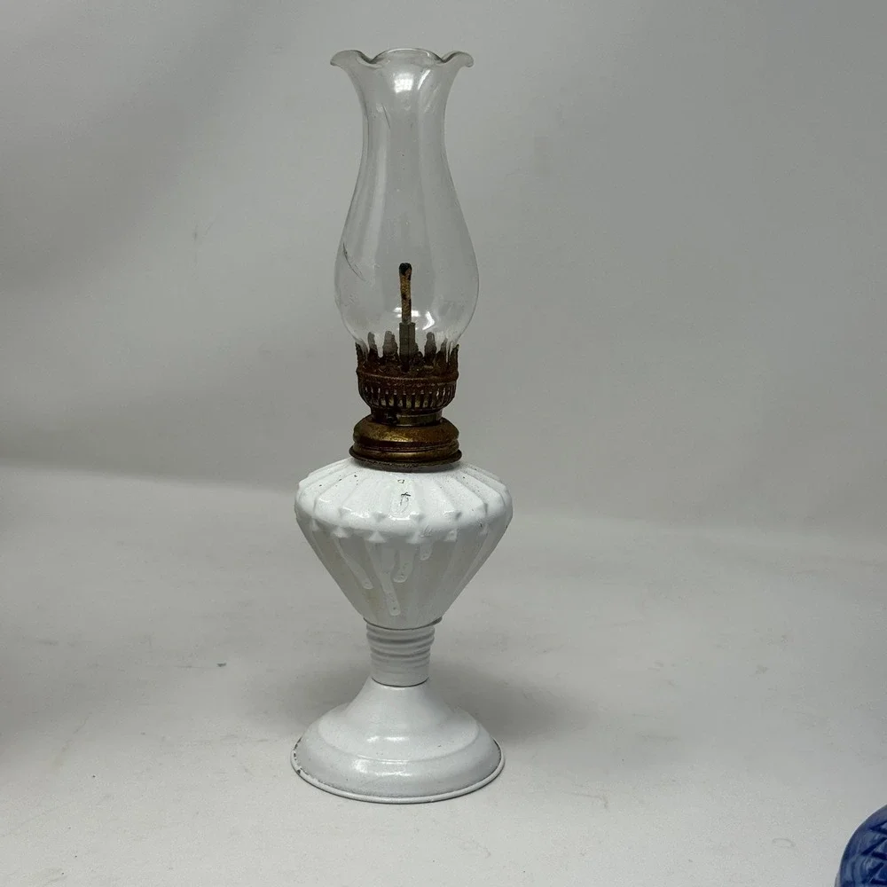 Vtg White Metal Miniature Oil Lamp Ruffled Glass Chimney Cottagecore Shabby Chic
